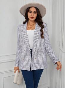SHEIN Clasi Plaid Pattern Double Breasted Tweed Blazer