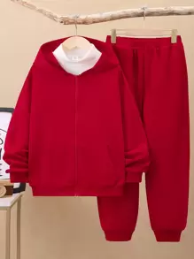 3入組/套 青少年男孩休閒英文字母印花連帽衫、長褲、針織t恤套裝 - 紅色 - 查看 3