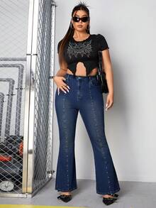 SHEIN ICON Plus Size Denim Flared Pants With Stud Detail - Dark Wash - View 5
