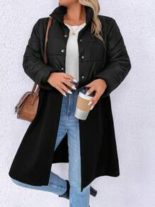 SHEIN LUNE Plus Two Tone Snap Button Front Padded Padded Coat Clothes Winter Thermal - Black - View 3