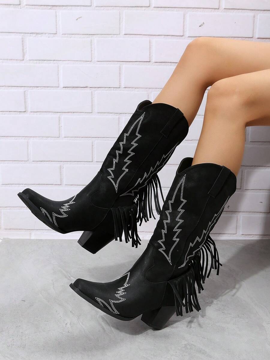 復古流蘇騎士及膝時尚靴秋冬新款西歐歐美牛仔修身長靴女