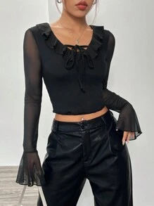 SHEIN Unity Ruffle Trim Flounce Sleeve Knot Front Crop Top - Black - View 4