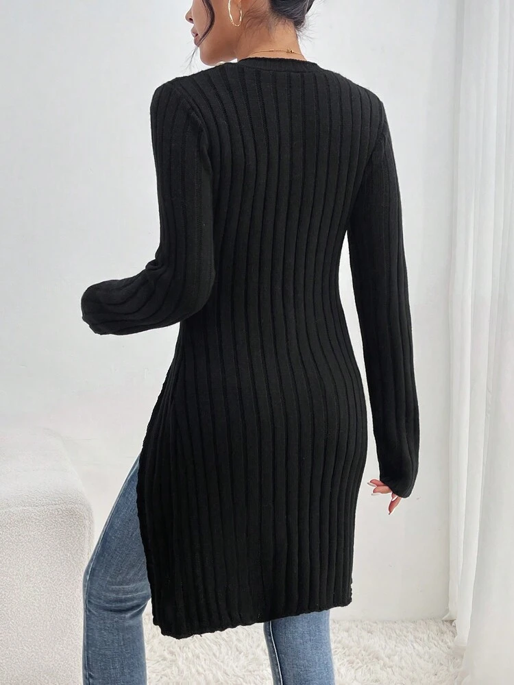 Button Detail Split Hem Knit Pullover Fall Winter Sweater