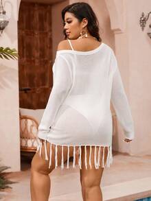 SHEIN Swim Curve Plus Size Tassel Hem Asymmetric Collar Cover Up - White - View 2