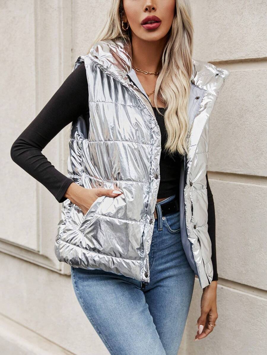 SHEIN Unity 拉链金属连帽背心夹棉大衣 - 銀色 - 查看 1
