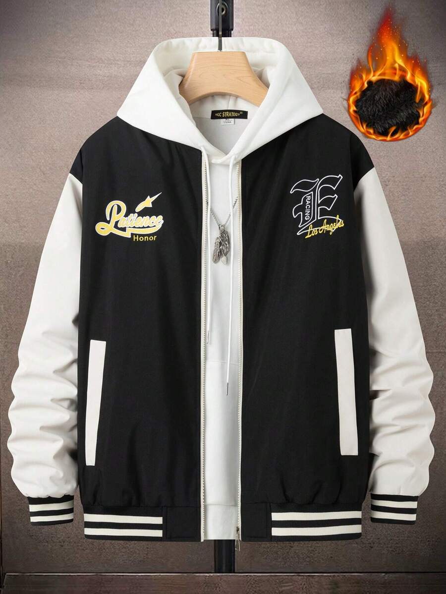 Manfinity Homme Loose Men's Baseball Collar Padded Coat With Letter Prints - Black - View 1