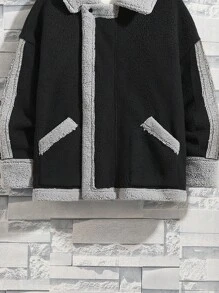 SHEIN 少年男童1件對比色飾邊泰迪貼里拉鍊連帽毛絨絨抓毛外套 - 黑色 - 查看 5