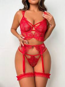 SHEIN 5pcs Sexy Lingerie Set Including Lace Underwire Bra, G-String, Garter Belt, And 2pcs Leg Rings, Valentine's Day Edition - Red - View 3