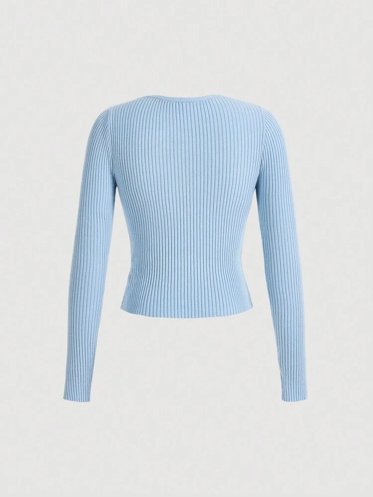 Solid Cut Out Front Ribbed Knit Sweater