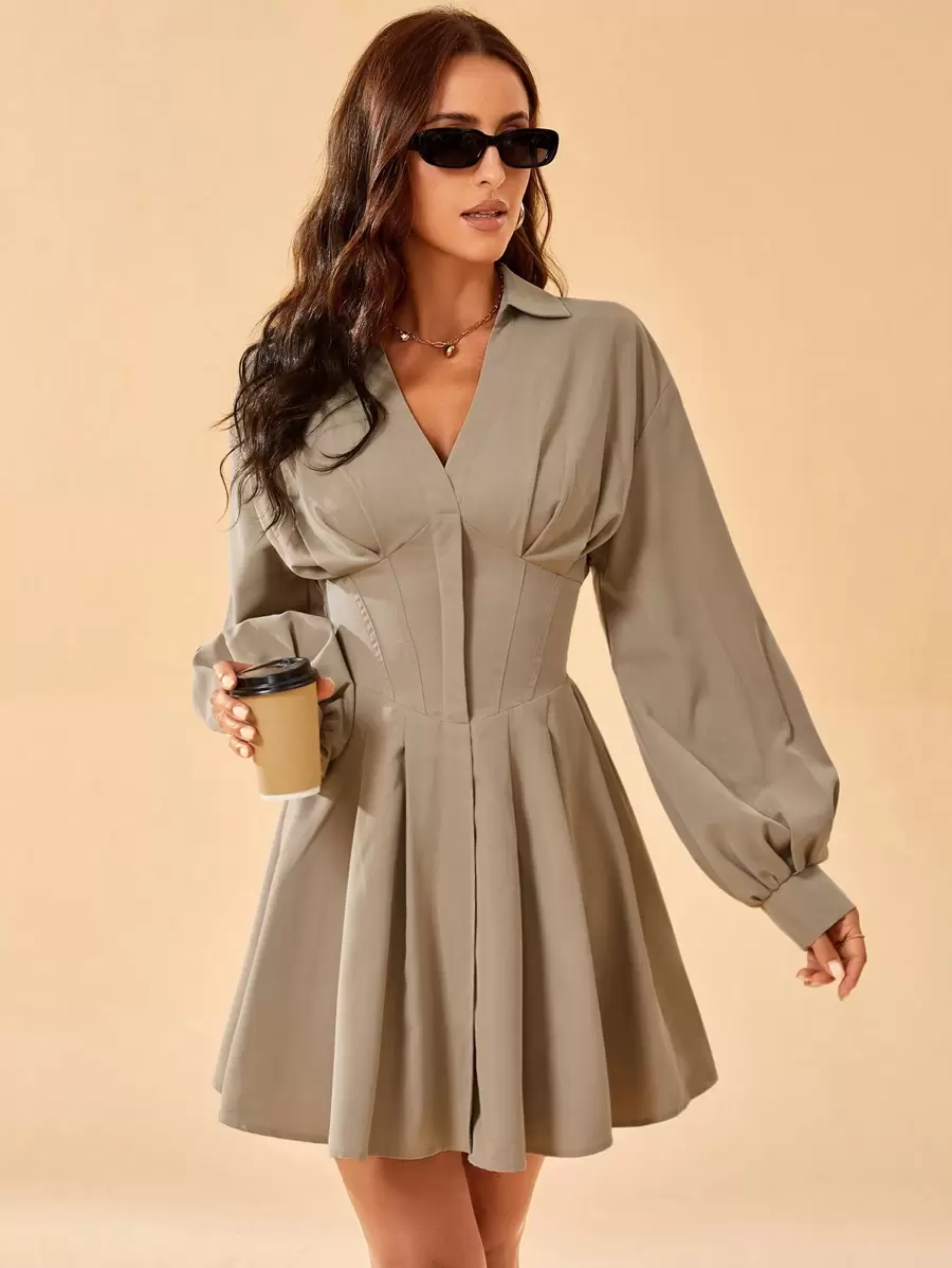 SHEIN Tall Women's Elegant Coffee Color Long Sleeve Dress - Khaki - View 1