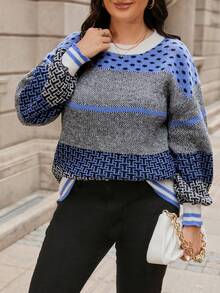 SHEIN LUNE Talla grande Jersey con patrón geométrico de color combinado de hombros caídos - Multicolor - Ver 5