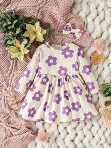女嬰印花洋裝附髮帶 - 紫色 - 查看 1