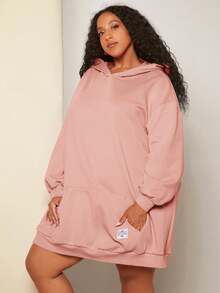 SHEIN CURVE+ 大碼字母貼布袋鼠口袋落肩袖連帽衛衣裙 - 藕粉色 - 查看 7