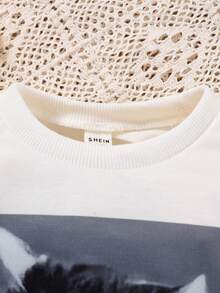 SHEIN 女小童貓和標語圖案運動衫 - 白色 - 查看 5