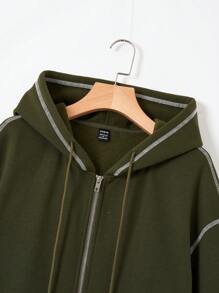 SHEIN EZwear 頂針落肩袖抽繩拉鍊連帽衫 - 橄欖綠 - 查看 3