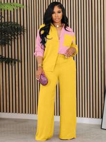 2pcs Contrast Color Collared Casual Elegant Shirt And Solid Color Pants Set - Màu vàng - Xem 1