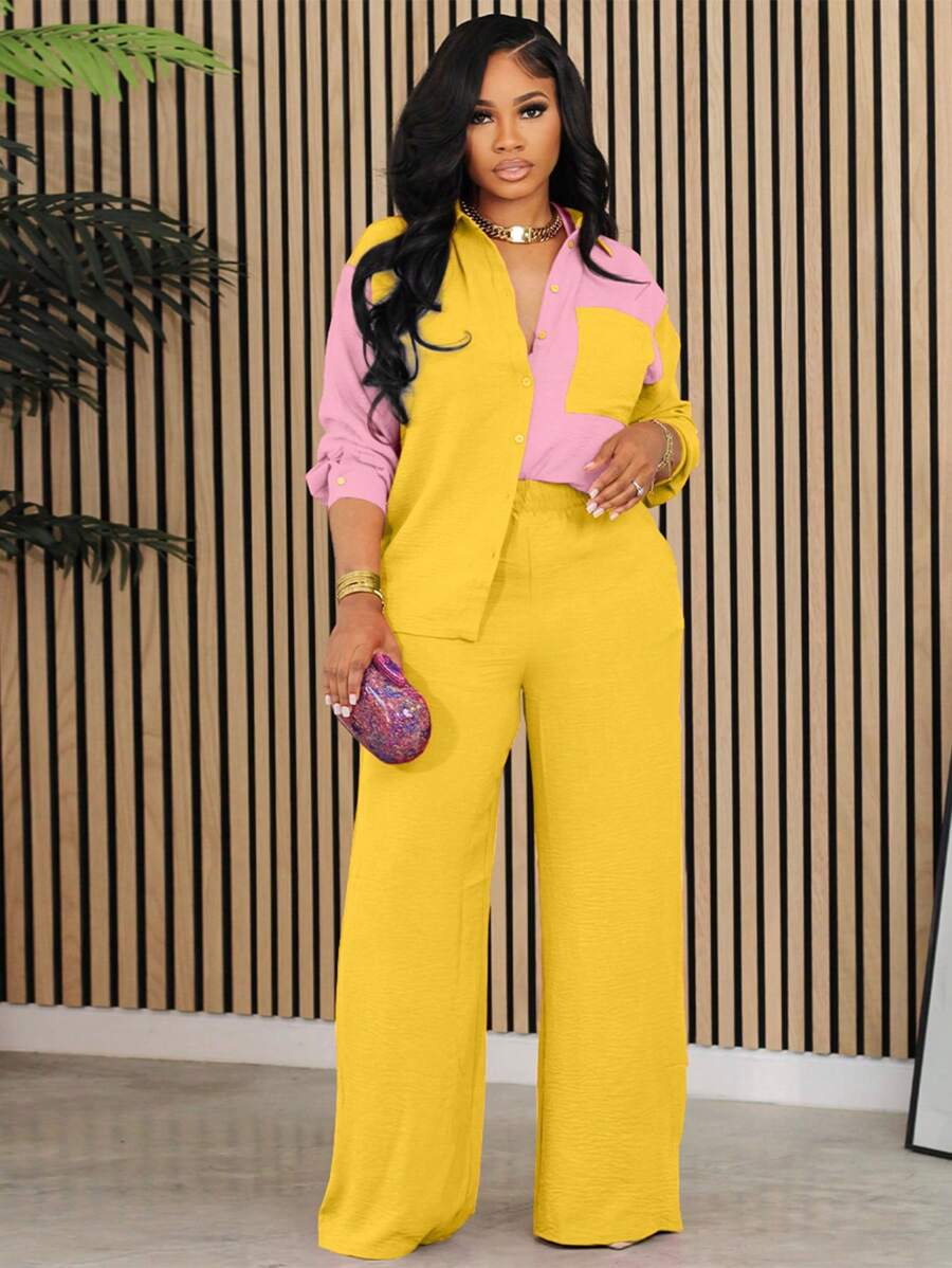 2pcs Contrast Color Collared Casual Elegant Shirt And Solid Color Pants Set - Màu vàng - Xem 1
