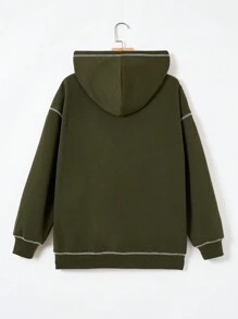 SHEIN EZwear 頂針落肩袖抽繩拉鍊連帽衫 - 橄欖綠 - 查看 2