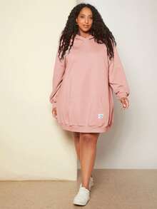 SHEIN CURVE+ 大碼字母貼布袋鼠口袋落肩袖連帽衛衣裙 - 藕粉色 - 查看 3
