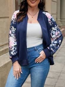 SHEIN LUNE Plus Floral Print Raglan Sleeve Bomber Jacket - Navy Blue - View 6