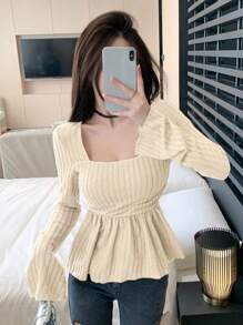 DAZY Cổ vuông Tay áo chuông Viền lấp lánh Áo - Màu be - Xem 2