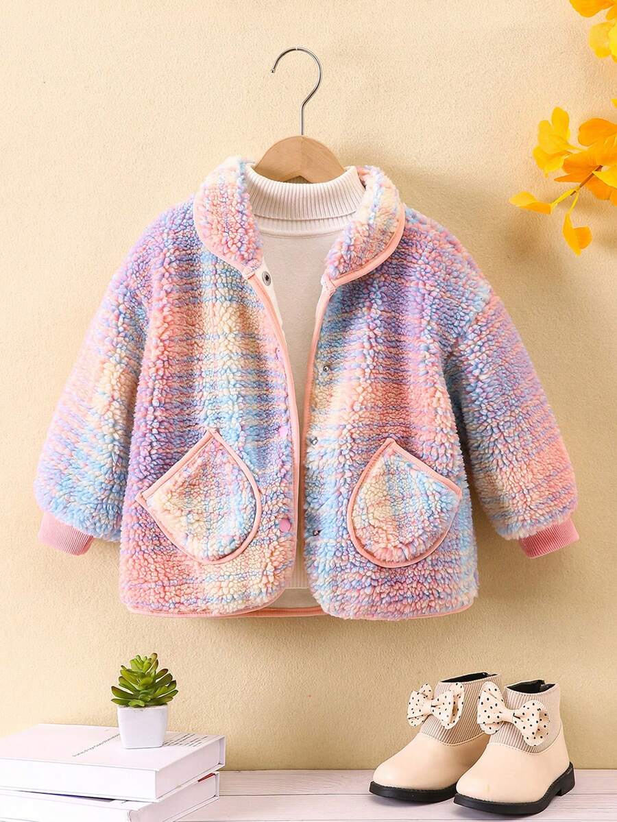 SHEIN Cô Gái Trẻ 1 Miếng Cúc bấm Mặt trước Thả vai Áo khoác Teddy - Hồng - Xem 1