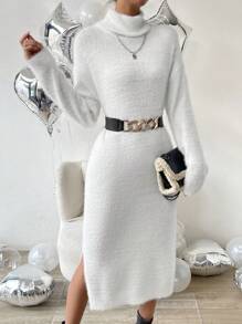 SHEIN Privé Turtleneck Drop Shoulder Split Thigh Sweater Dress - White - View 5