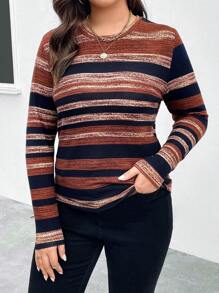 SHEIN LUNE Áo thun Plus size Sọc Giải trí - Cà phê nâu - Xem 4