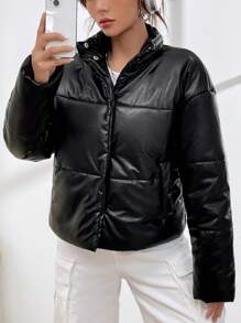 SHEIN EZwear 女士黑色编织夹棉大衣 - 黑色 - 查看 4