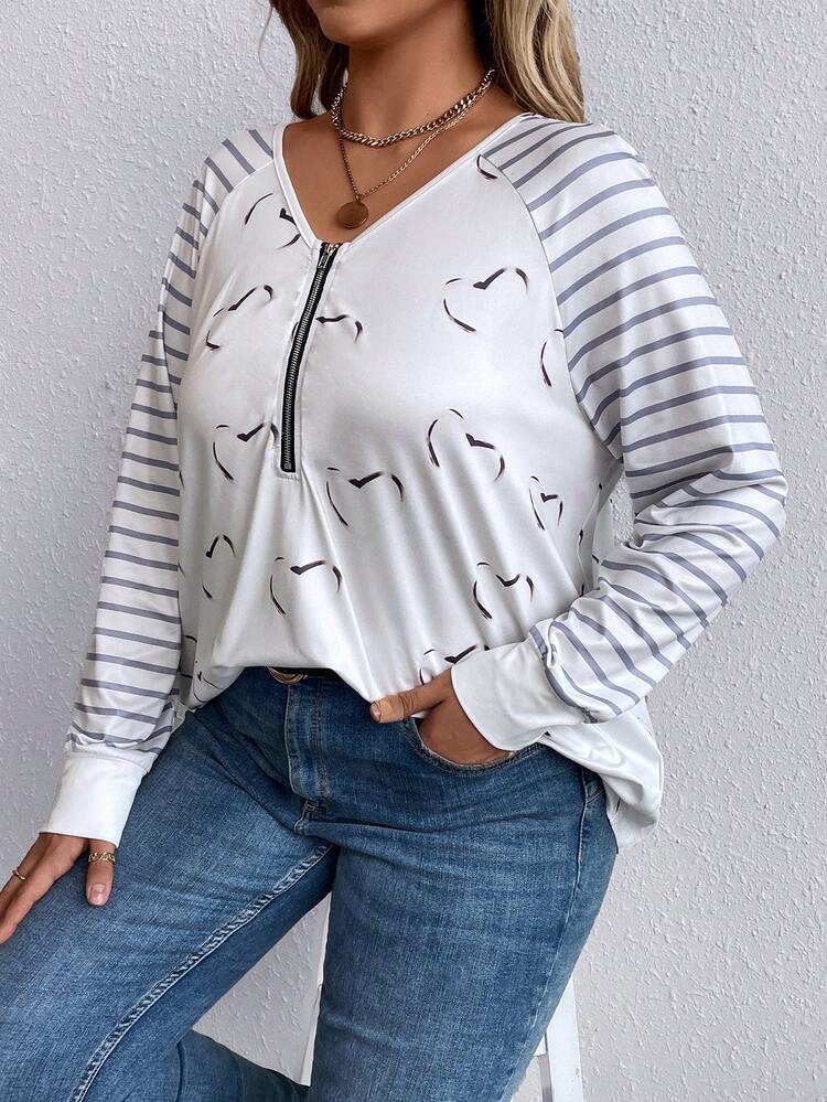 Plus Striped & Heart Print Raglan Sleeve Half Zip Tee Fall Cloth For Women
