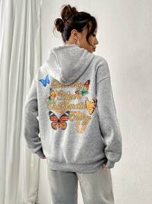 SHEIN Unity Sudadera con capucha de caída de hombros con cordón, estampado de eslogan y mariposa, sudadera de otoño - Gris Claro - Ver 1