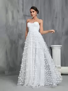 貼花細節網紗抹胸婚紗連衣裙 - 白色 - 查看 1