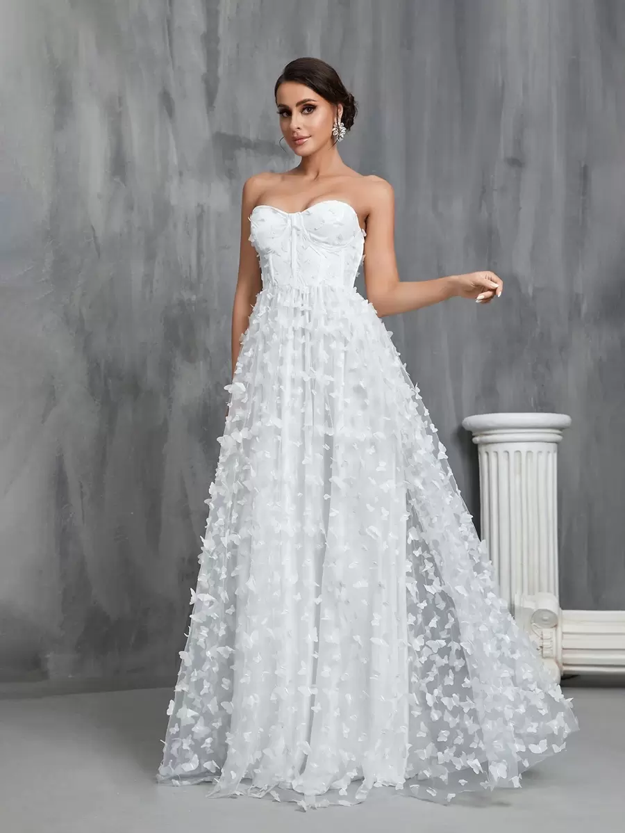 貼花細節網紗抹胸婚紗連衣裙 - 白色 - 查看 1