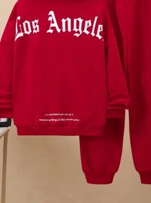 3入組/套 青少年男孩休閒英文字母印花連帽衫、長褲、針織t恤套裝 - 紅色 - 查看 7