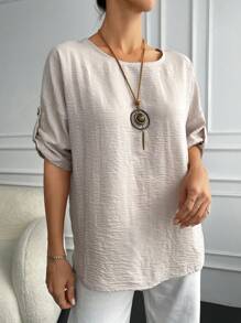 EURMUSE Solid Roll Up Sleeve Blouse - Apricot - View 5