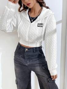 SHEIN EZwear Màu thuần In Chevron Dây rút áo có mũ Quần skinny Áo nỉ - trắng - Xem 1