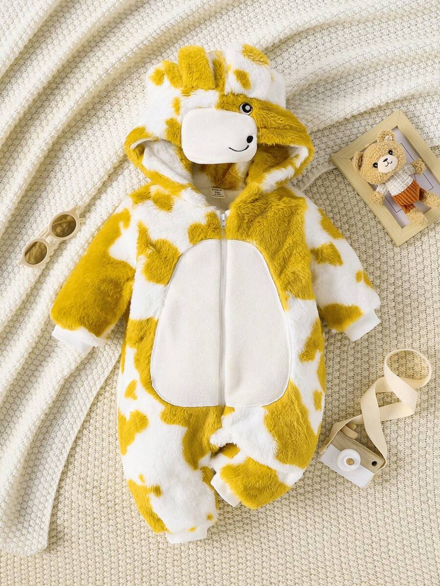 Baby Girl Cow Pattern 3D Ear Design Hooded Zipper Front Flannel Jumpsuit - Yellow - View 1