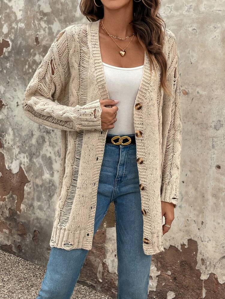Cable Knit Drop Shoulder Cardigan Fall Cloth For Women