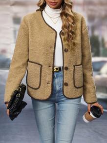 Chiquease 撞色滾邊前紐扣雙口袋毛絨夾克 - 駝色 - 查看 1