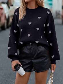 SHEIN LUNE Women's Heart Pattern Lantern Sleeve Sweater - Black - View 4