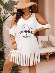 SHEIN Swim Curve 大碼露空設計流蘇邊遮陽衣連字母印花圖案 - 白色 - 查看 1