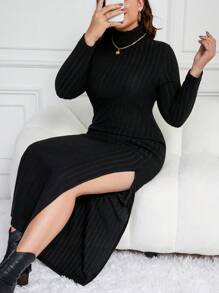 SHEIN Frenchy 大碼高領高衩條紋針織洋裝不附腰帶 - 黑色 - 查看 5
