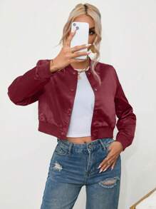 SHEIN Essnce Cazadora tipo bomber unicolor con botón crop - Burdeos - Ver 1