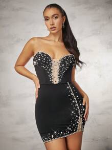 SHEIN BAE Vestido Palabra De Honor Con Empalme De Malla Decorado Con Diamantes De Imitación Para Mujer - Negro - Ver 4