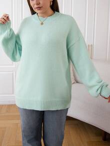 SHEIN EZwear Hơn Thả vai Áo len - Màu xanh ngọc - Xem 4