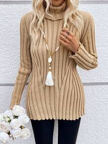 SHEIN LUNE 高領插肩袖條紋針織套頭毛衣 - 卡其色 - 查看 5