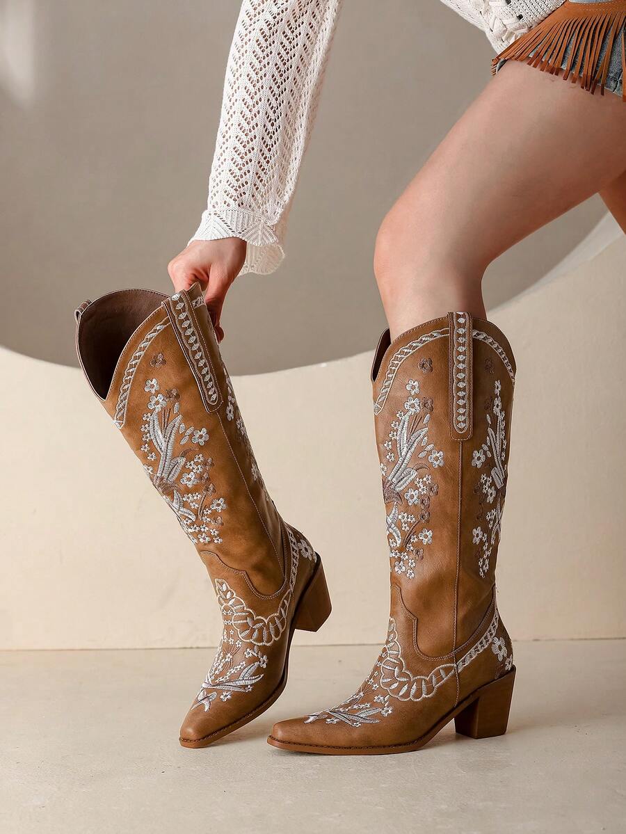 女士高跟復古刺繡長筒靴，女士牛仔靴 - 棕色 - 查看 1