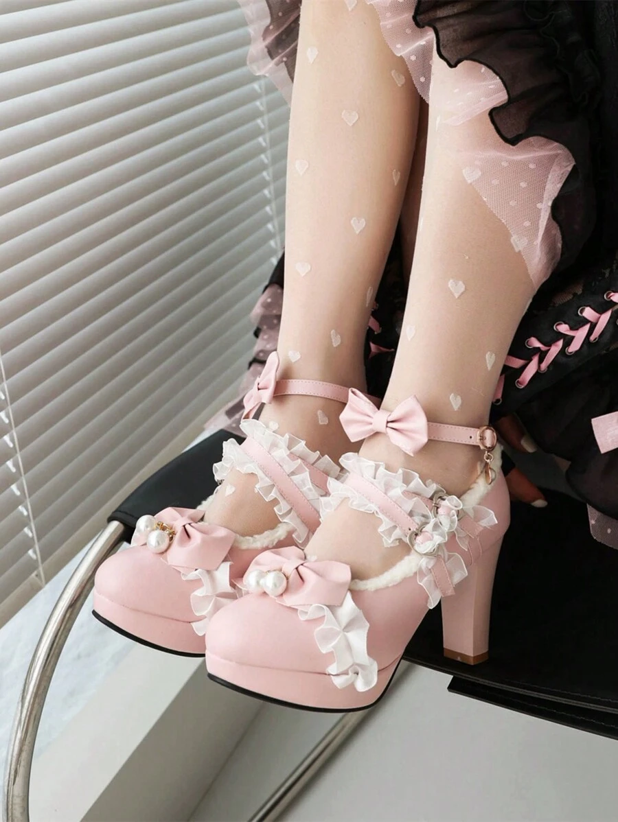 女士高跟洛麗塔瑪莉珍鞋,冬季款 - 粉色 - 查看 1