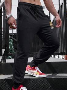 Manfinity Sport Corelite 男士老虎字母图案抽绳腰运动裤 - 黑色 - 查看 3