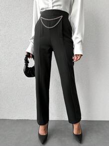 EURMUSE Chain Detail Slant Pocket Suit Pants - Black - View 3